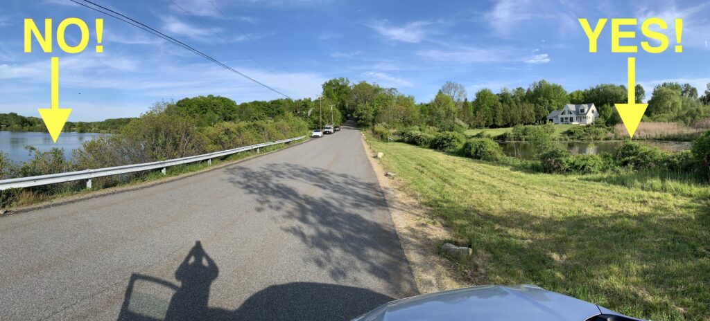 Open water on one side of a road is labeled 'no' and a small, shallow pond with heavy vegetation is labeled 'yes.'