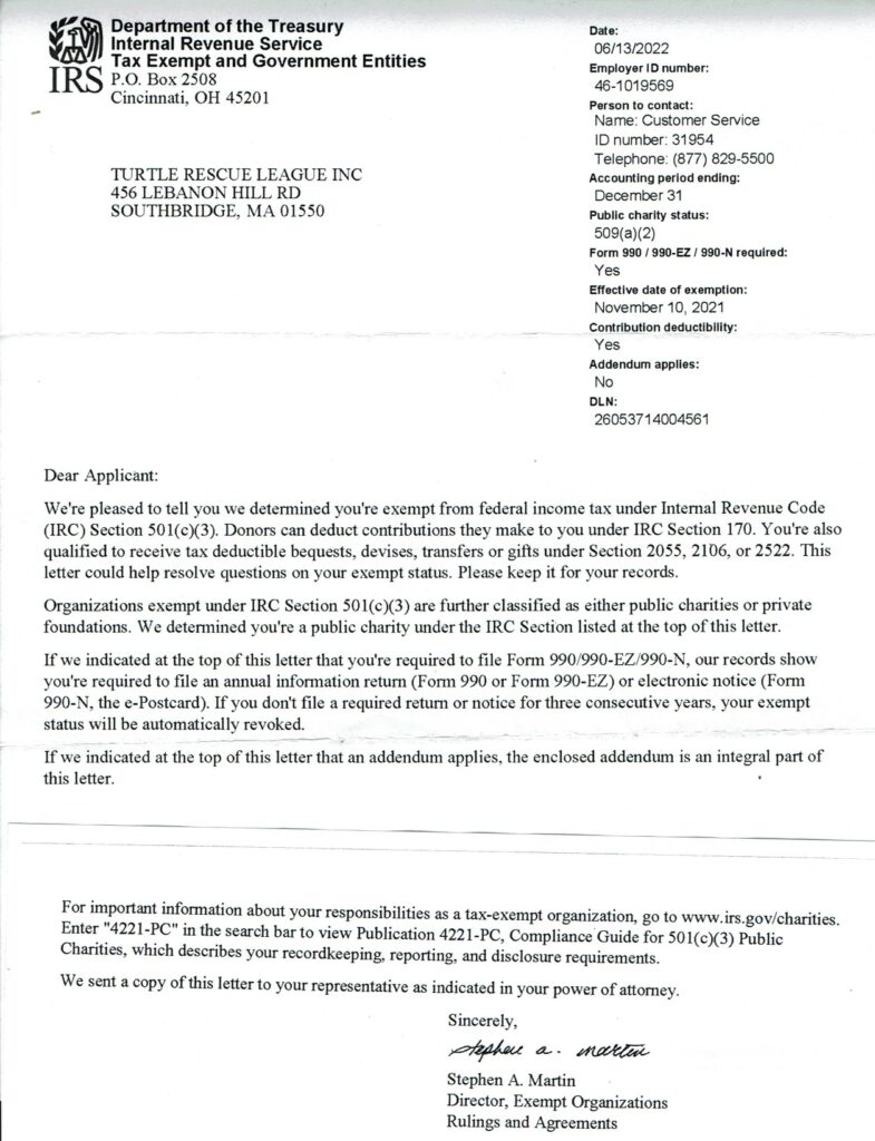 Turtle Rescue League's 501(c)(3) approval letter from the Department of the Treasury Internal Revenue Service. It is dated 6/13/2022.