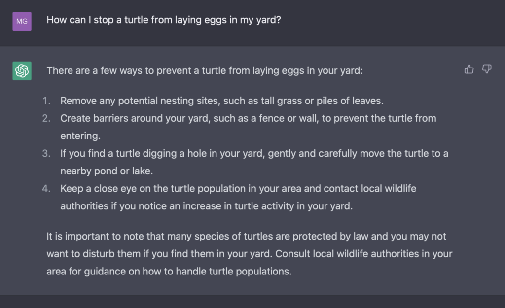 A screen shot of ChatGPT being asked "How can I stop a turtle from laying eggs in my yard?" ChatGPT responds "There are a few ways to prevent a turtle from laying eggs in your yard: 1. Remove any potential nesting sites, such as tall grass or piles of leaves. 2. Create barriers around your yard, such as a fence or wall, to prevent the turtle from entering. 3. If you find a turtle digging a hole in your yard, gently and carefully move the turtle to a nearby pond or lake. 4. Keep a close eye on the turtle population in your area and contact local wildlife authorities if you notice an increase in turtle activity in your yard. It is important to note that many species of turtles are protected by law and you may not want to disturb them if you find them in your yard. Consult local wildlife authorities in your area for guidance on how to handle turtle populations."
