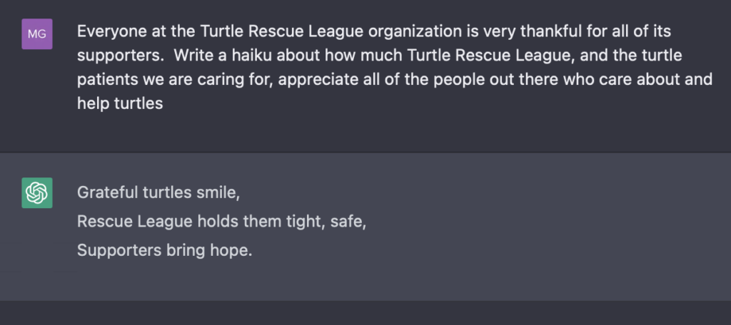 A screenshot of someone telling ChatGPT "Everyone at the Turtle Rescue League organization is very thankful for all of its supporters. White a haiku about how much Turtle Rescue League, and the turtle patients we are caring for, appreciate all of the people out there who care about and help turtles." ChaptGPT responds "Grateful turtles smile, Rescue League holds them tight, safe, supporters bring hope."
